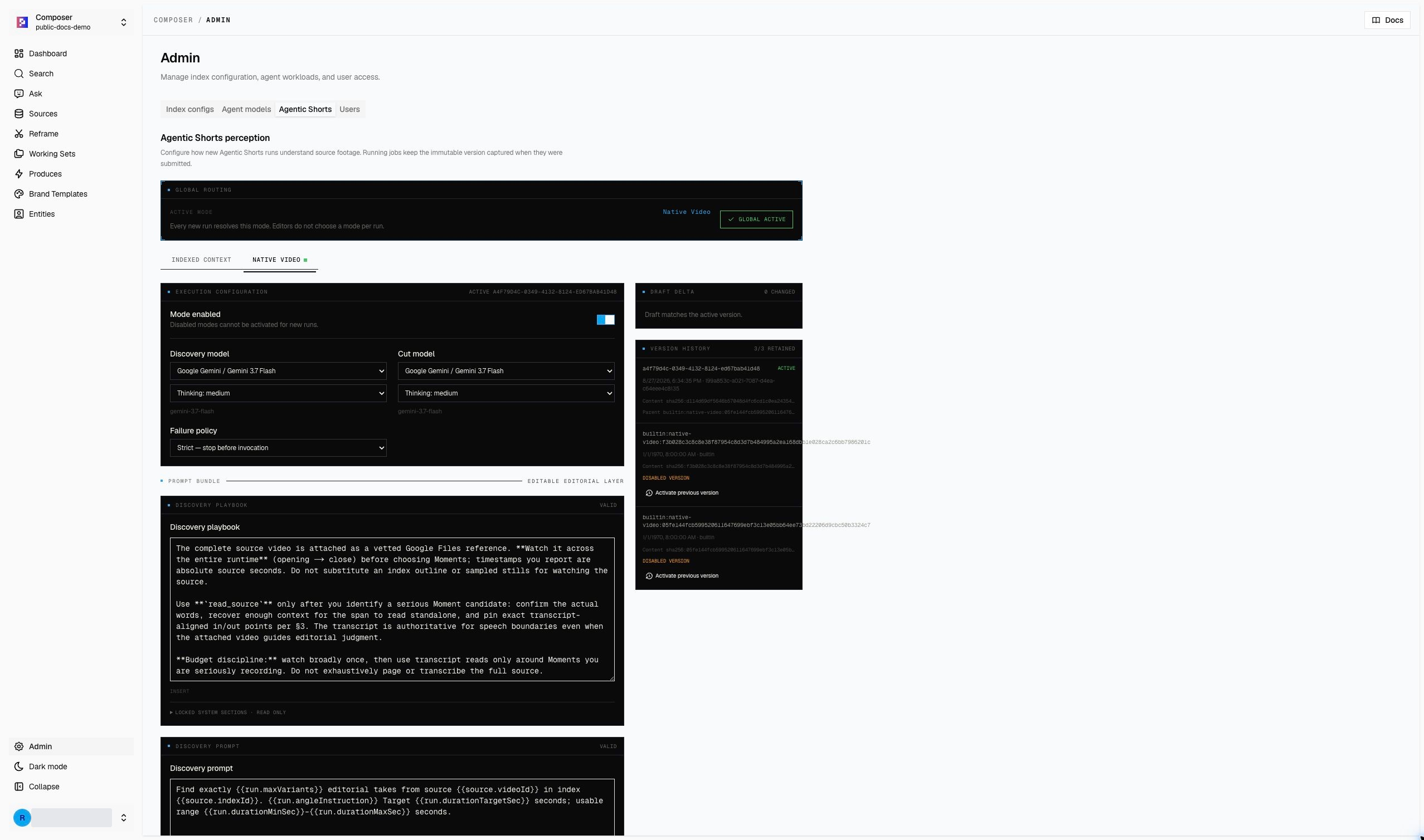 Agentic Shorts admin tab in Composer v1.3