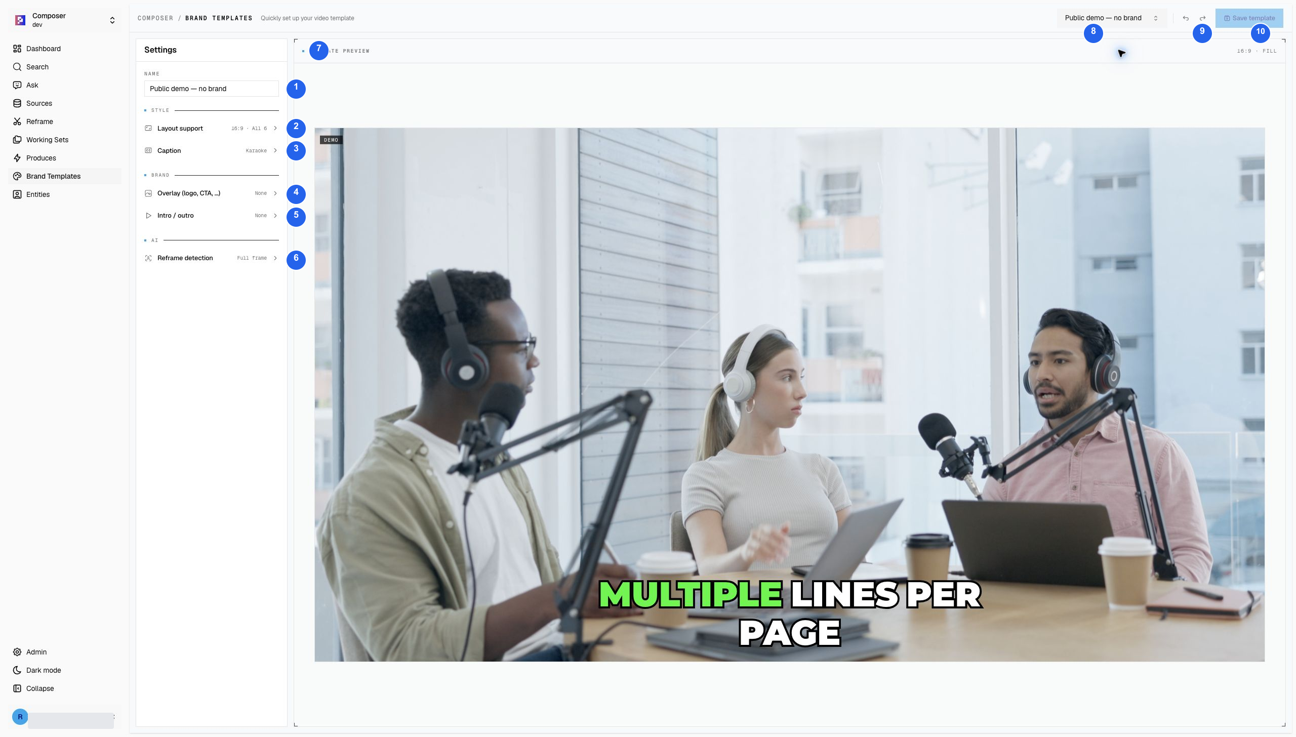 Brand Templates workspace with ten numbered controls