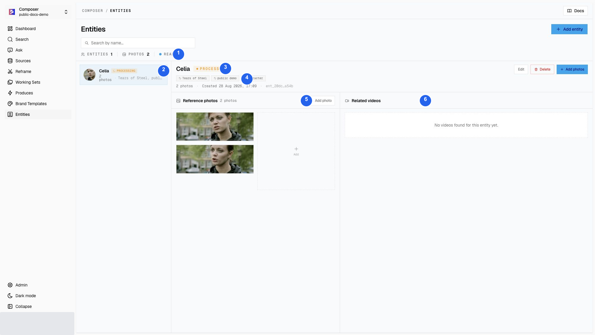 Celia entity detail while its public-source photos are processing