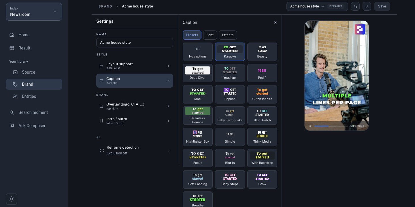 Current Brand template editor with settings, caption presets, and preview