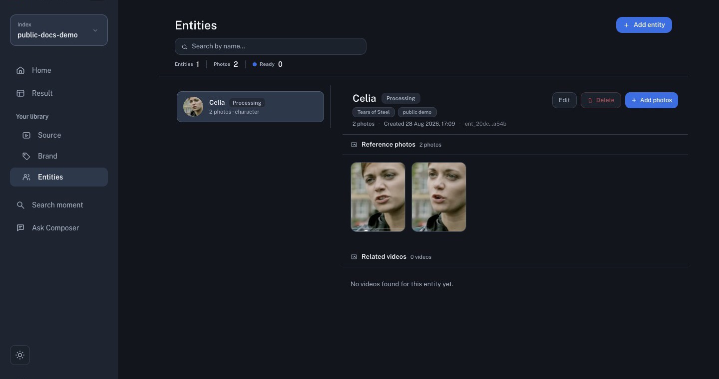 Current Entities workspace with a selected record and reference photos