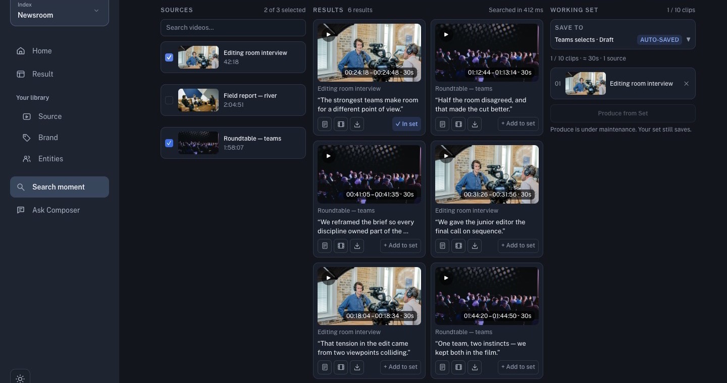 Current Search moment workspace with source selection and saved moments