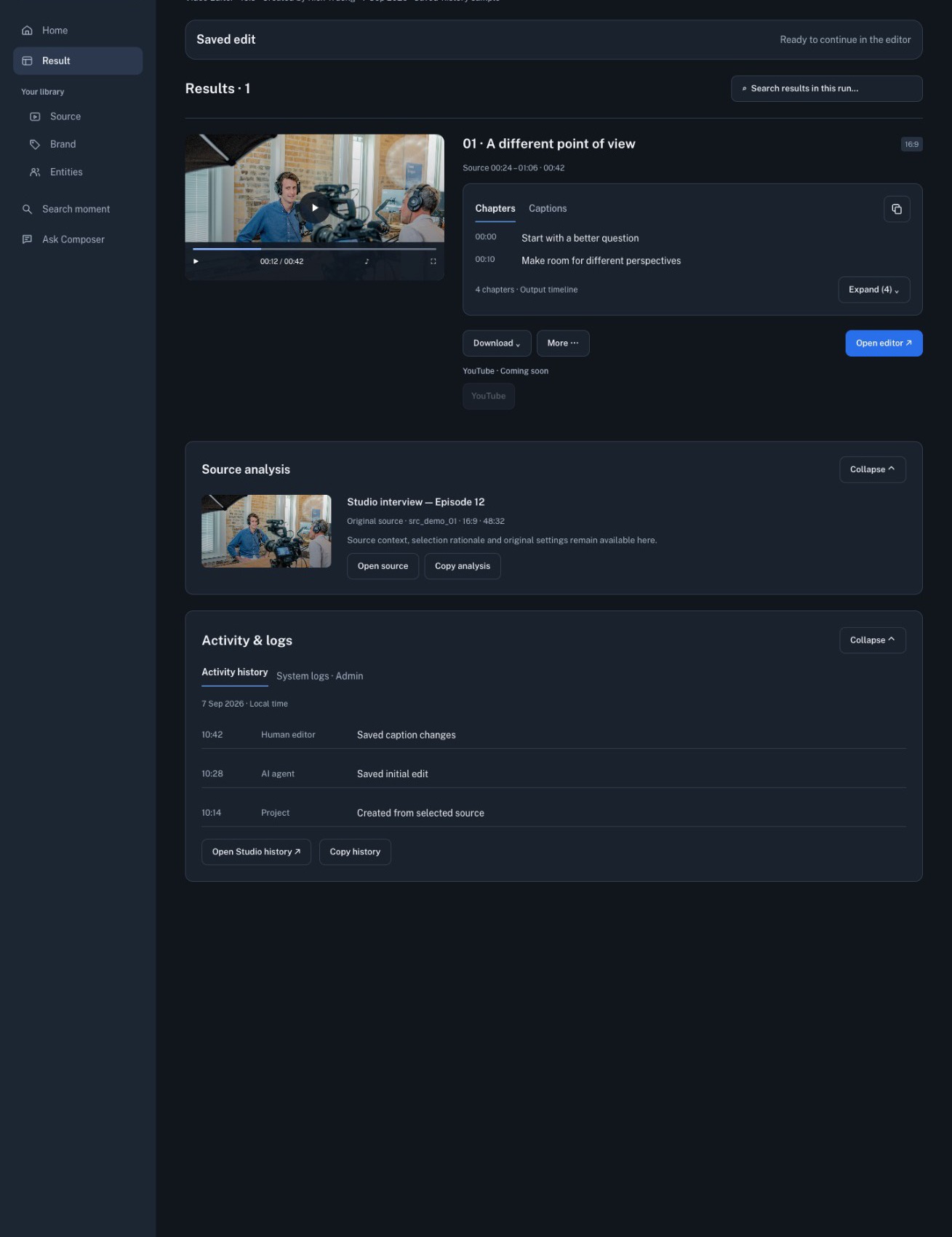 Current Studio editor for reviewing a generated cut