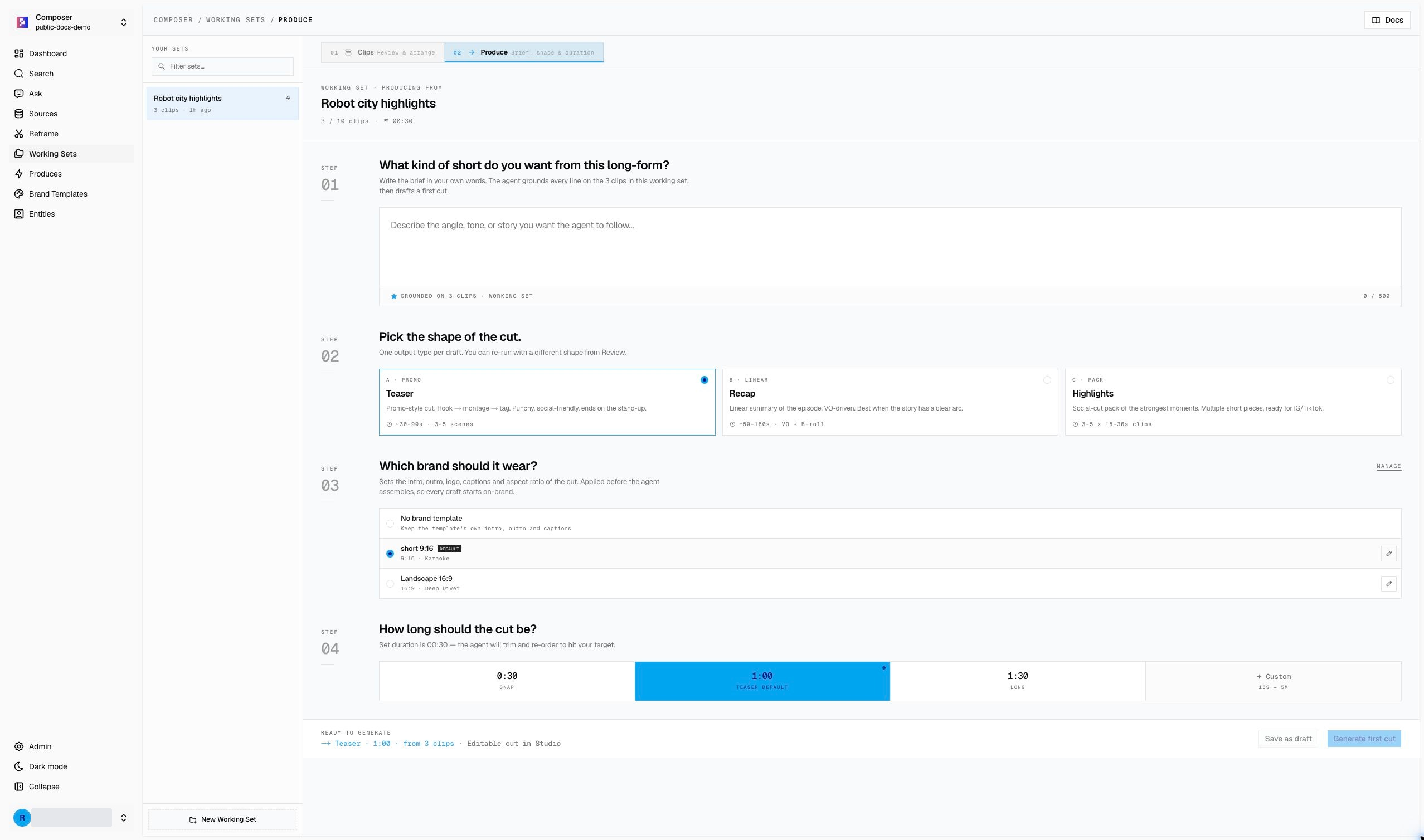 Working Set Produce brief in Composer v1.3