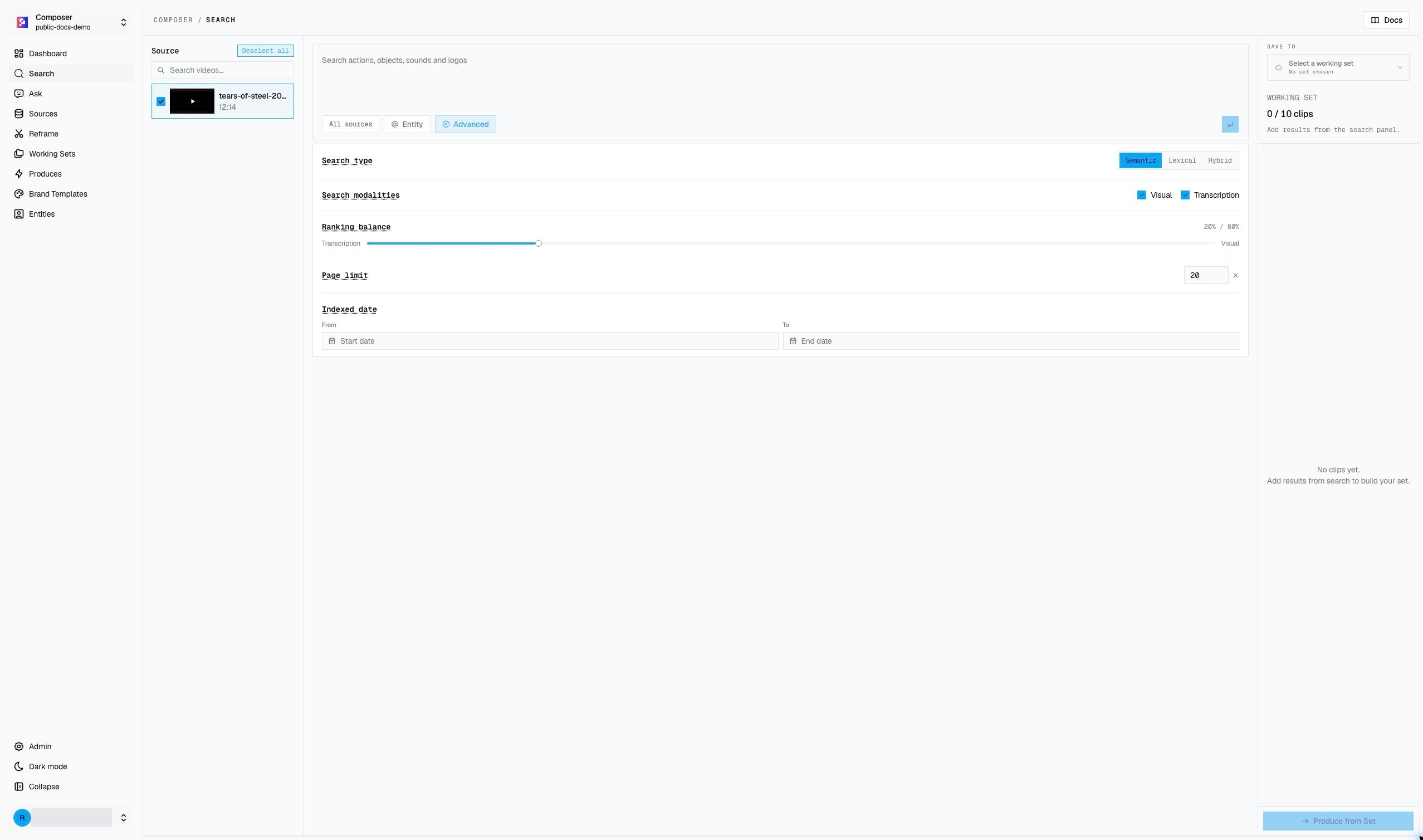 Advanced search controls in the public demo