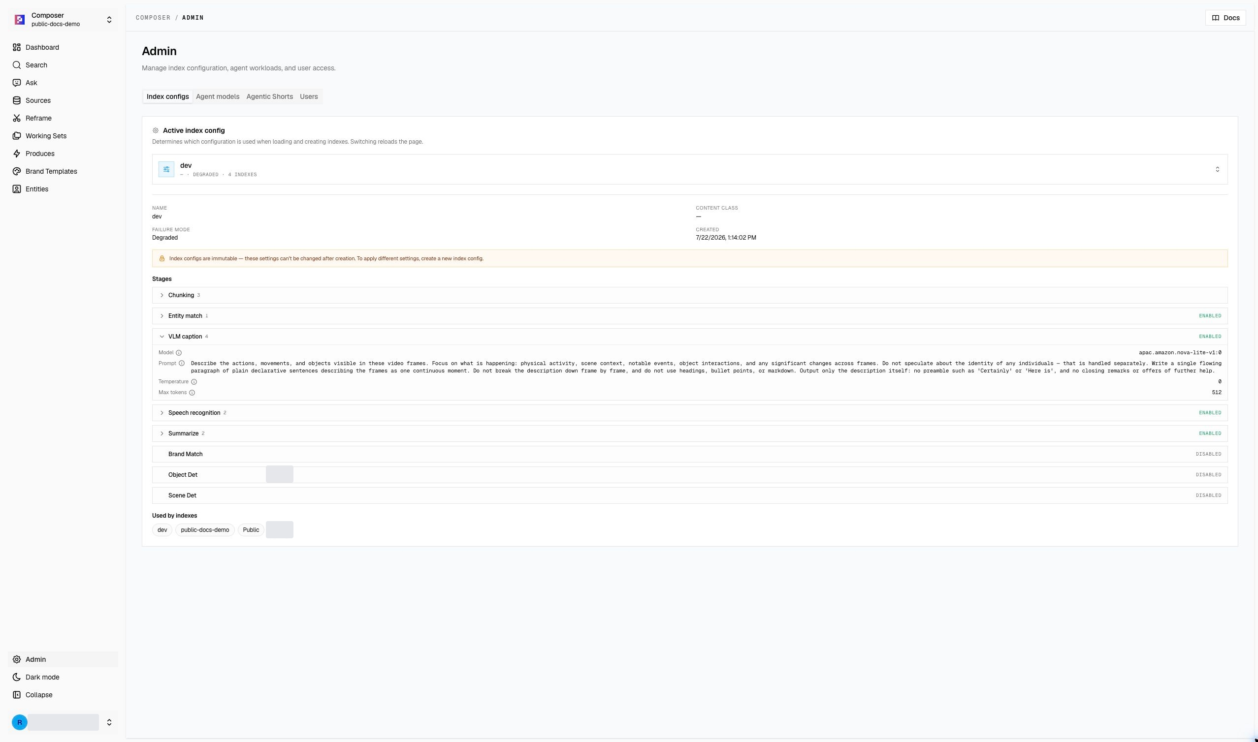 Index configuration details in the public demo