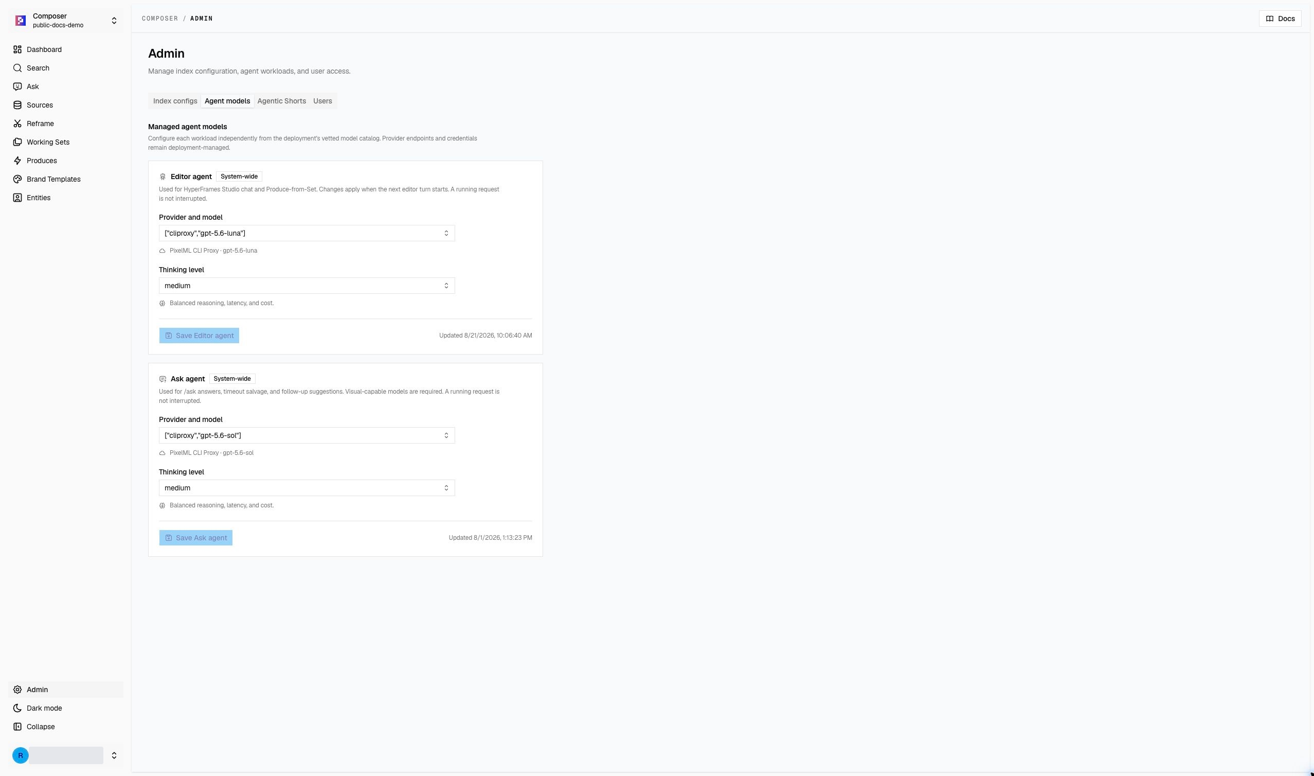 Agent model settings in the public demo