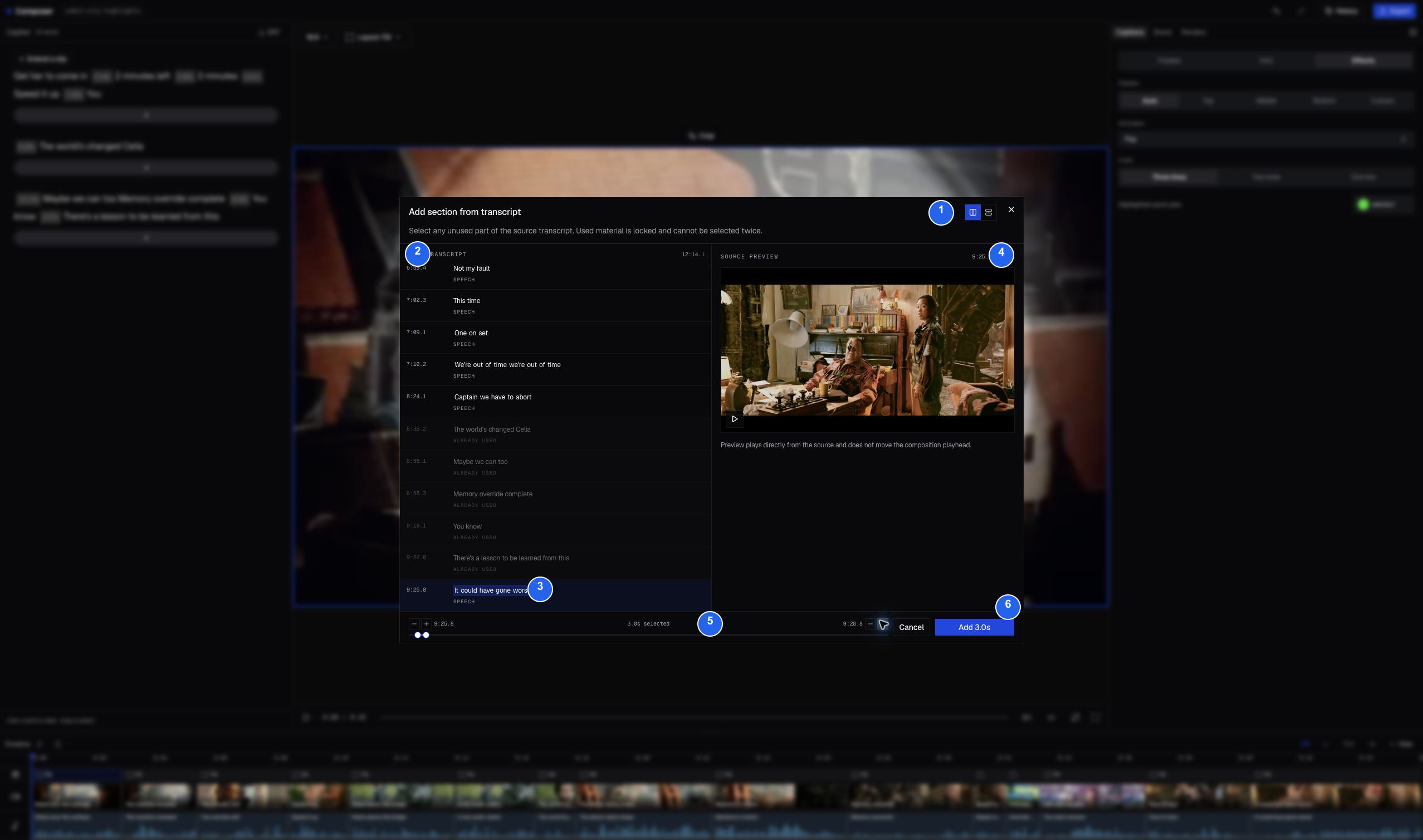 Add section from transcript dialog with six numbered controls