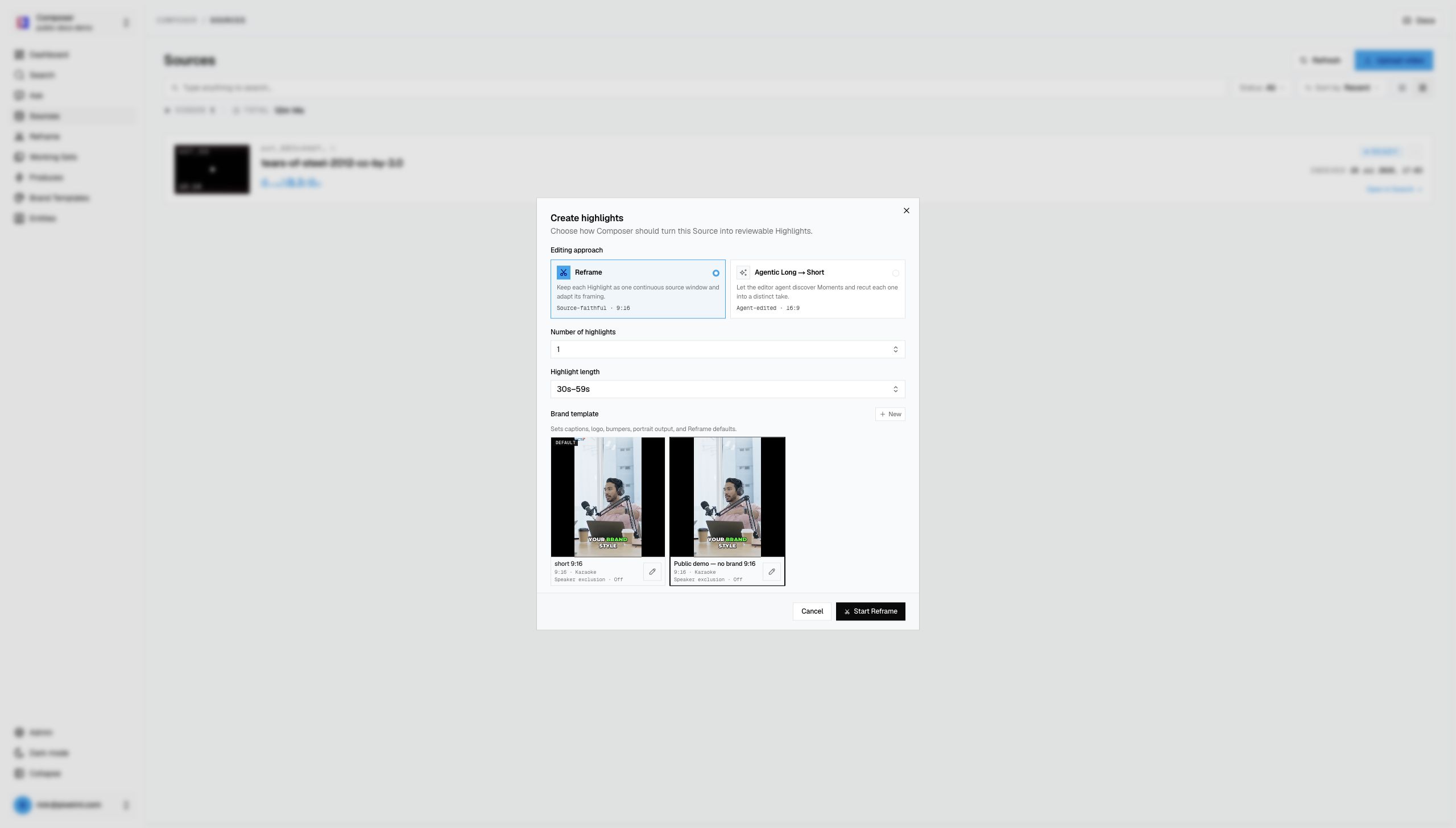 Reframe configured for one neutral 9:16 highlight