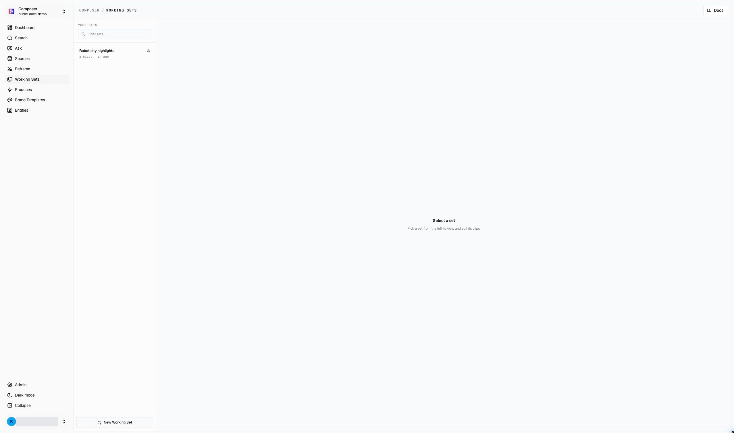 Working Sets page in the public demo