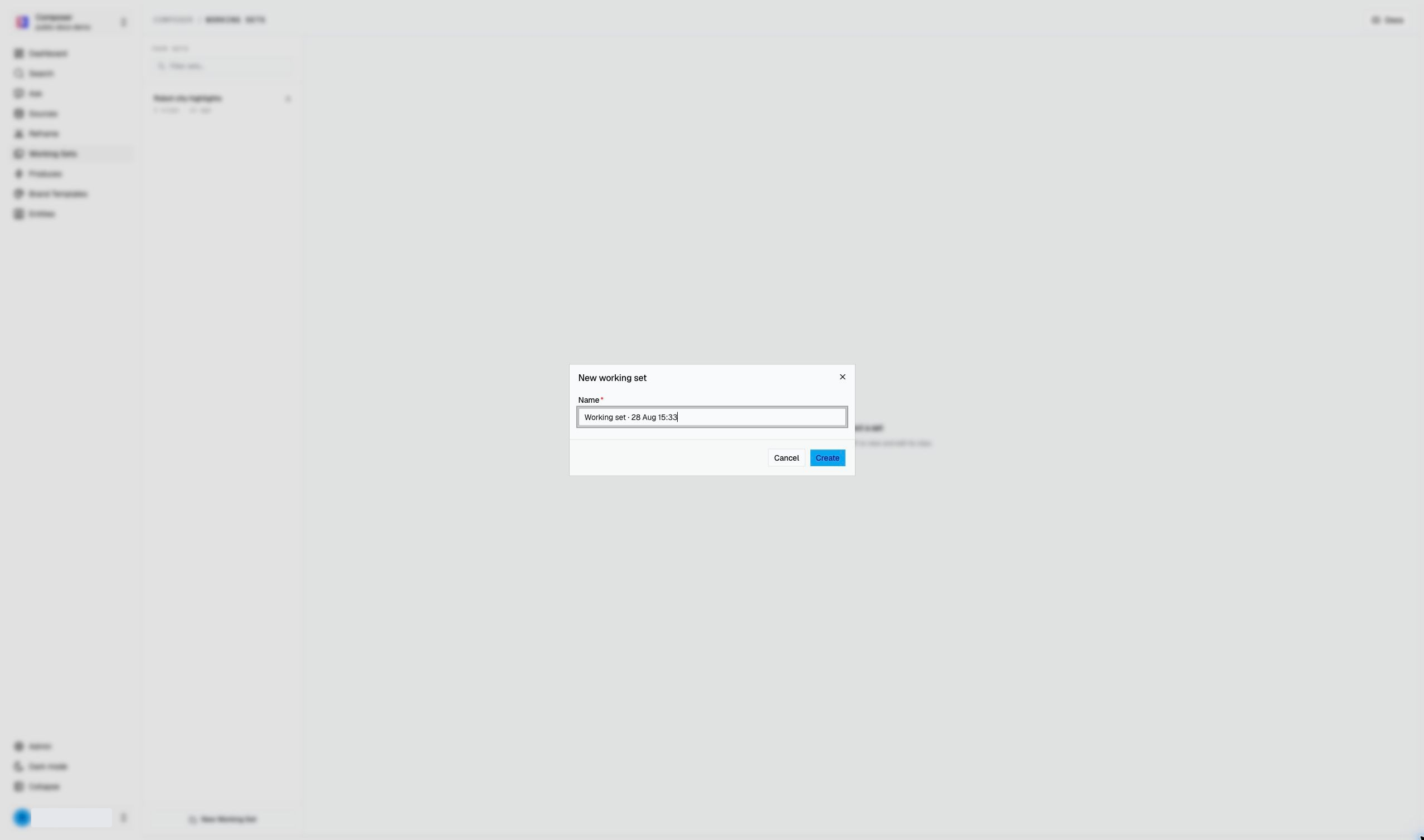 New Working Set dialog in the public demo